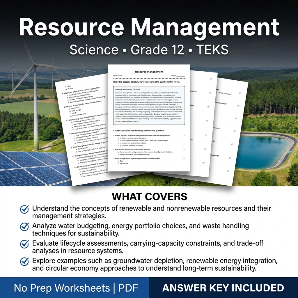 Grade 12 Science Resource Management Worksheet with Answer Key | TEKS Standards