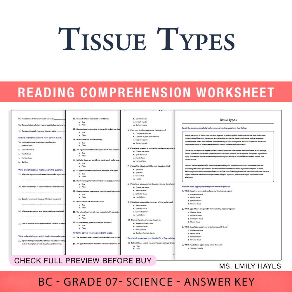 Grade 7 Science worksheet worksheet — 7th Grade Science | Tissue Types Worksheet (PDF+ Answer Key) — page 1