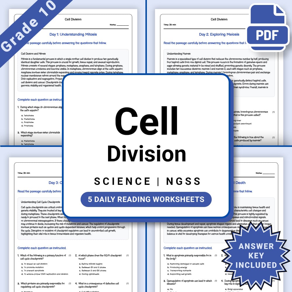 Grade 10 Science daily reading worksheet worksheet — Grade 10 Science Cell Division Worksheet (PDF +Answer Key) — page 1