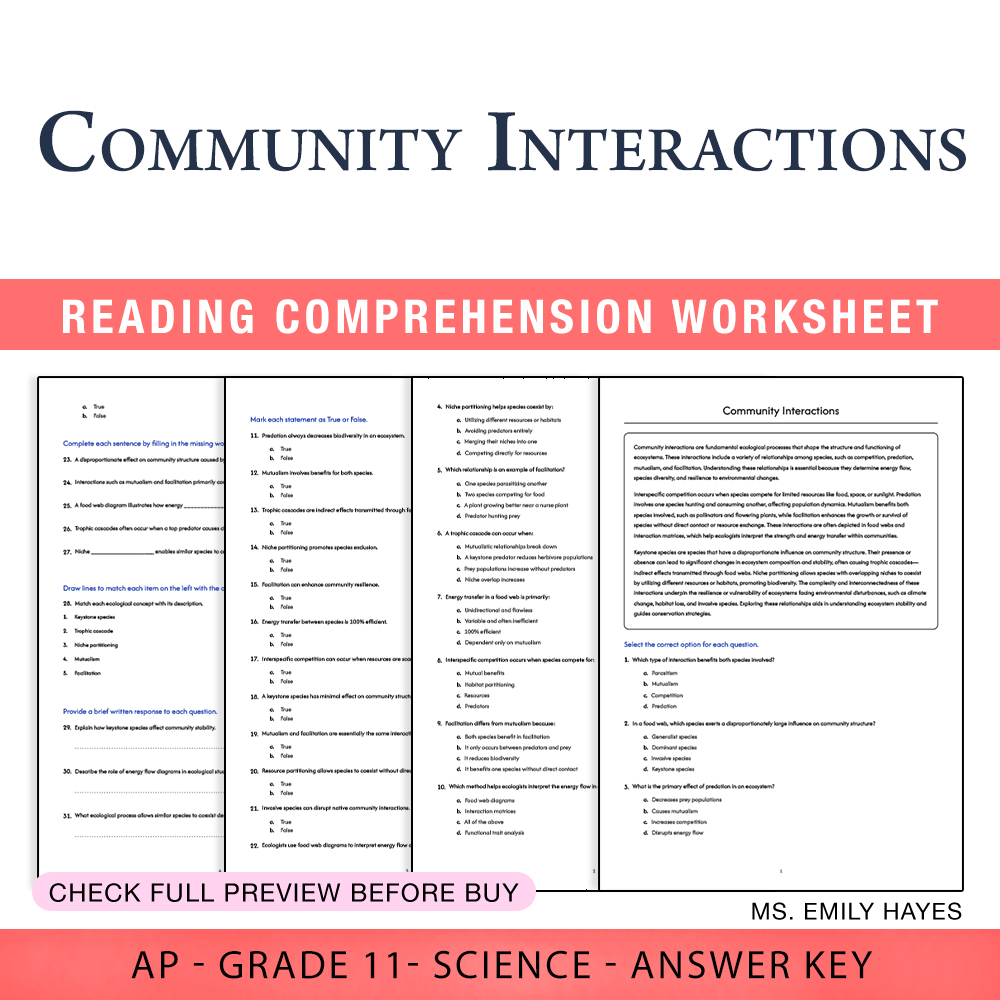 Grade 11 Science worksheet worksheet — 11th Grade Science | Community Interactions Worksheet (PDF+ Answer Key) — page 1