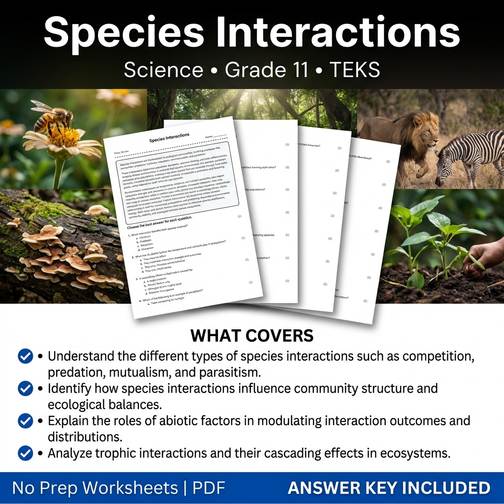 Species Interactions Worksheet for Grade 11 Science | TEKS Aligned
