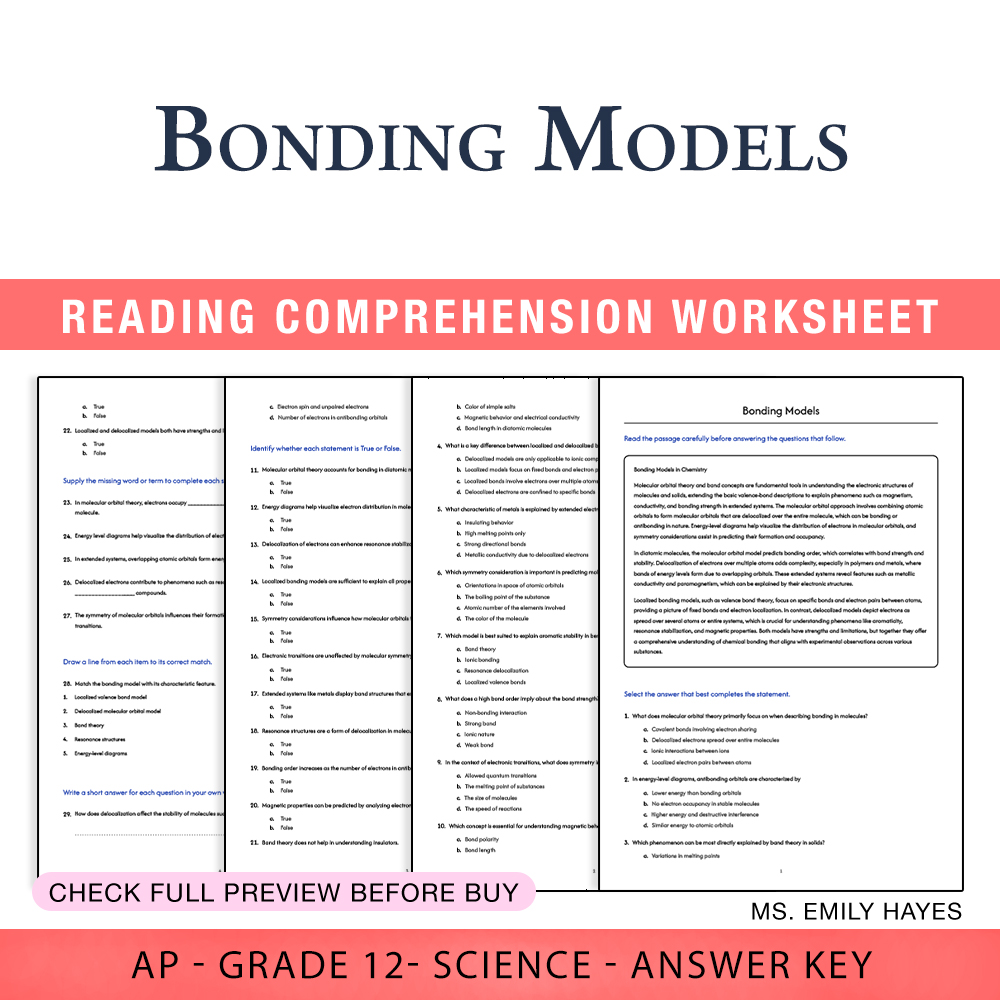 Grade 12 Science worksheet assessment worksheet — Grade 12 Science | Bonding Models Assessment Worksheet (PDF+ Answer Key)…