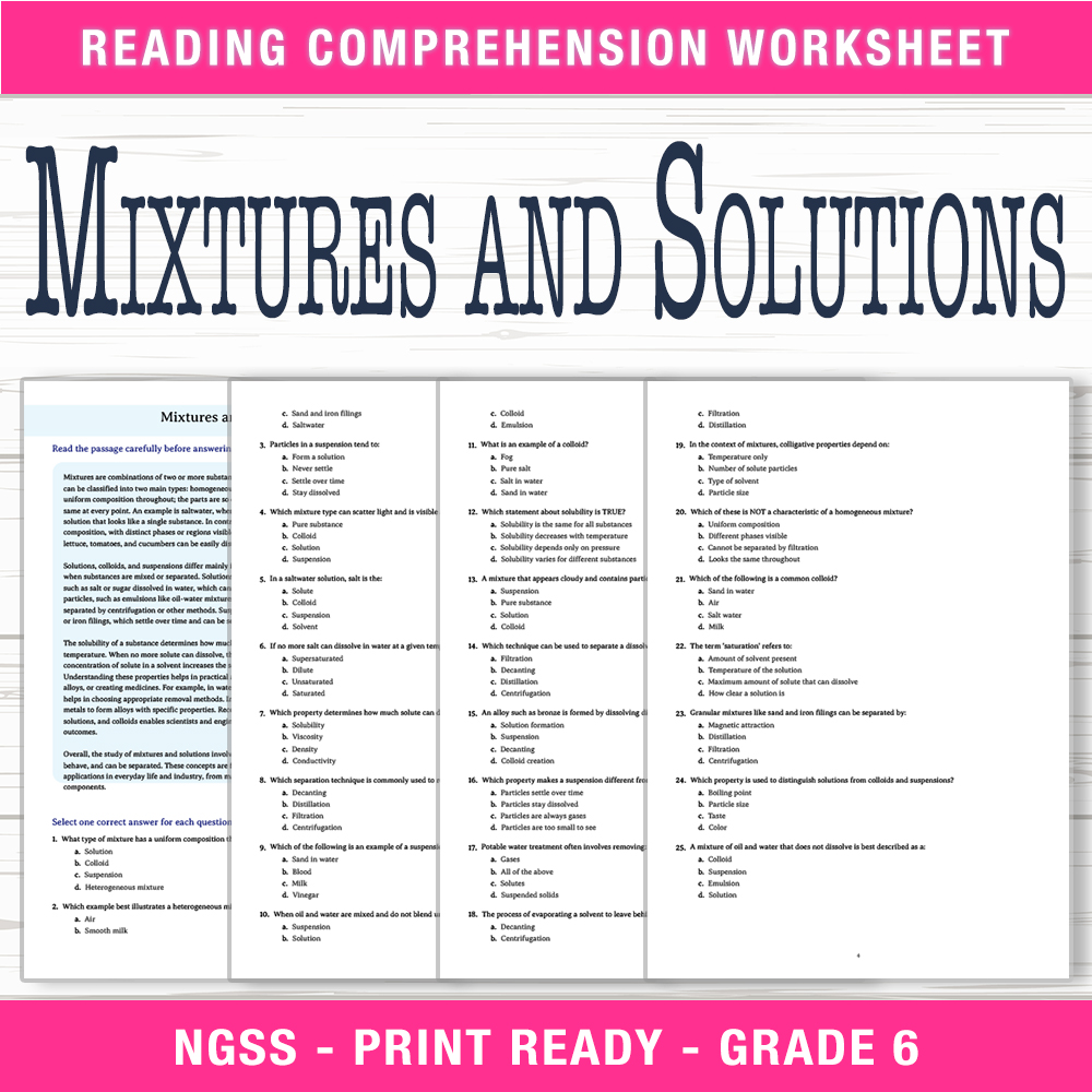 Grade 7 Science  Mixtures and Solutions Worksheet (PDF + Answer Key)
