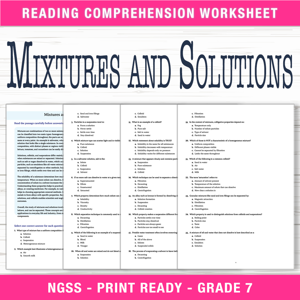 Grade 7 Science worksheet worksheet — Grade 7 Science  Mixtures and Solutions Worksheet (PDF + Answer Key) — page 1