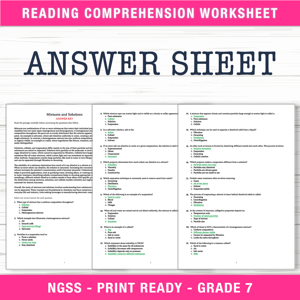 Grade 7 Science worksheet worksheet — Grade 7 Science  Mixtures and Solutions Worksheet (PDF + Answer Key) — page 2