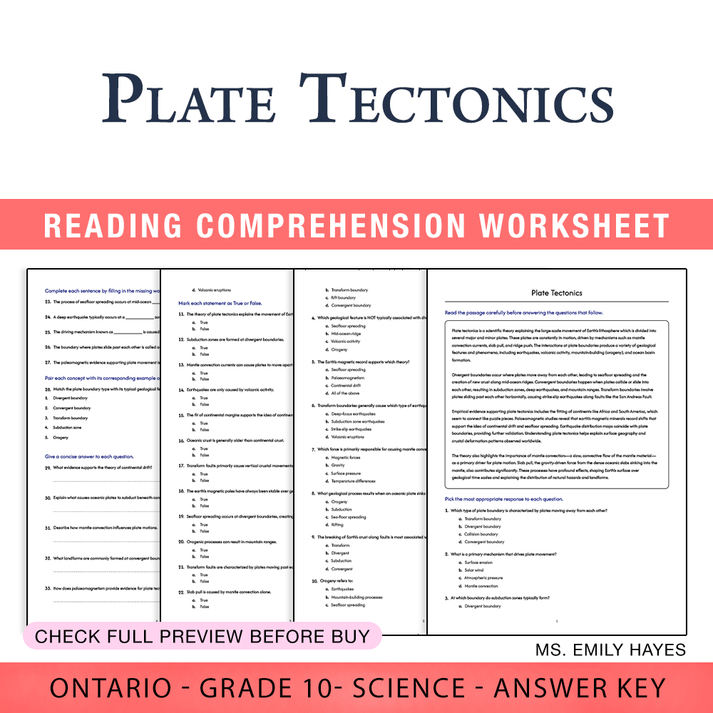 Grade 10 Science worksheet worksheet — 10th Grade Science | Plate Tectonics Worksheet (PDF + Answer Key) — page 1