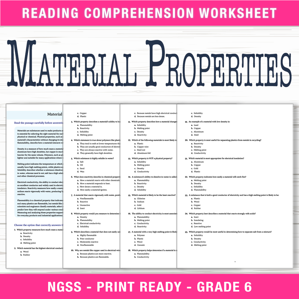Grade 7 Science | Material Properties Worksheet (PDF + Answer Key)