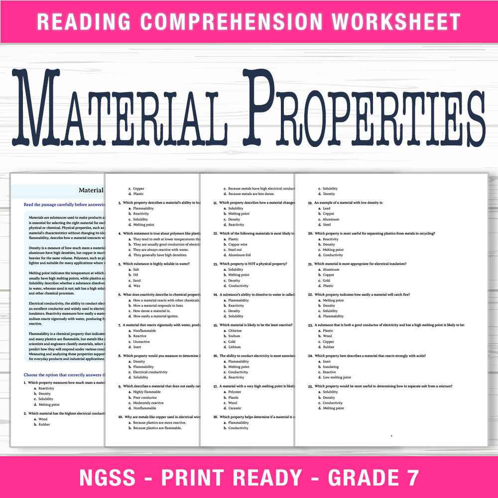 Grade 7 Science worksheet worksheet — Grade 7 Science | Material Properties Worksheet (PDF + Answer Key) — page 1