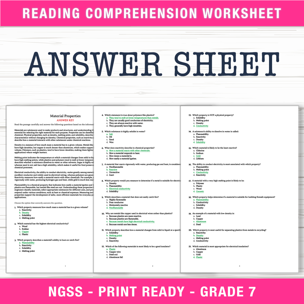 Grade 7 Science worksheet worksheet — Grade 7 Science | Material Properties Worksheet (PDF + Answer Key) — page 2