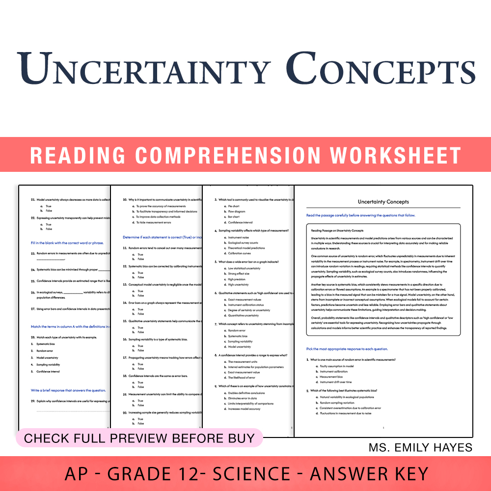 Grade 12 Science worksheet assessment worksheet — Grade 12 Science | Uncertainty Concepts Worksheet (PDF+ Answer Key) — pa…