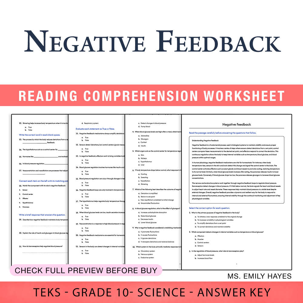 Grade 10 Science worksheet worksheet — 10th Grade Science | Negative Feedback Worksheet (PDF+ Answer Key) — page 1