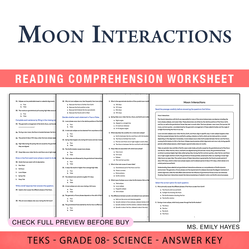 Grade 8 Science worksheet worksheet — 8th Grade Science | Moon Interactions Worksheet (PDF+ Answer Key) — page 1