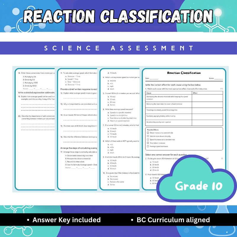 Grade 10 Science – Reaction Classification Worksheet + Answer Key | BC Standards