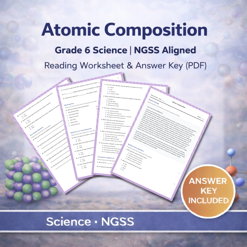 Grade 6 Science | Atomic & Molecular Models, Conservation & Reactions | NGSS — included worksheet 3