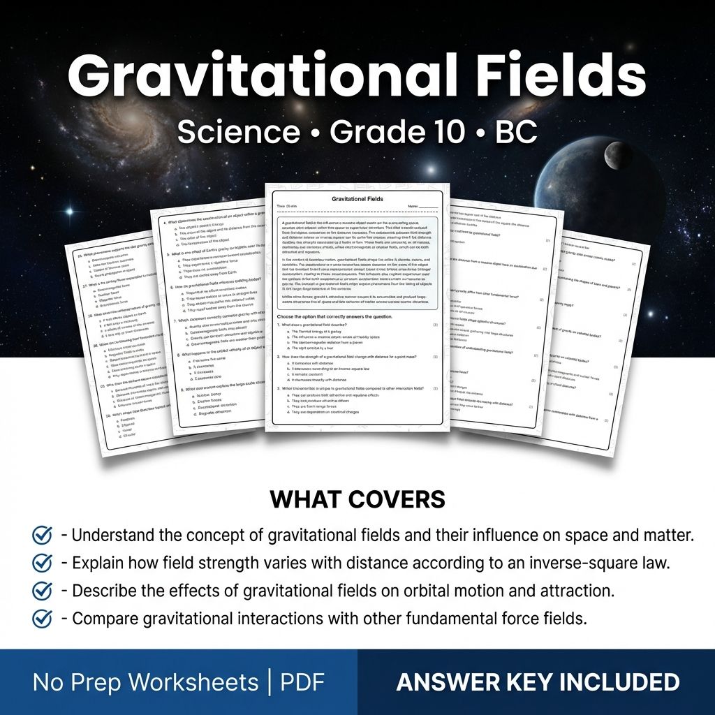 10th Grade Science | Gravitational Fields Worksheet with Answer Key (PDF)