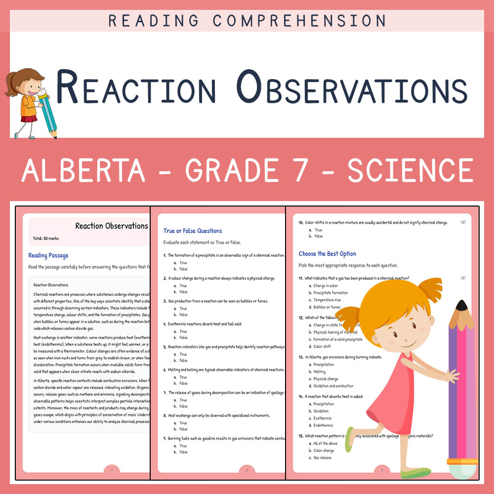 Grade 7 Science worksheet elena worksheet — Grade 7 Science | Reaction Observations Worksheet | Alberta Standard — page 1