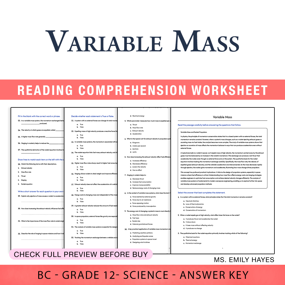 Grade 12 Science worksheet worksheet — Grade 12 Science | Variable Mass & Momentum Conservation (PDF + Answer Key) — page 1