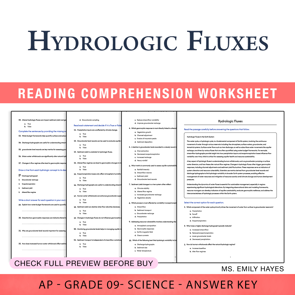 Grade 9 Science worksheet worksheet — 9th Grade Science | Hydrologic Fluxes Worksheet (PDF+ Answer Key) — page 1