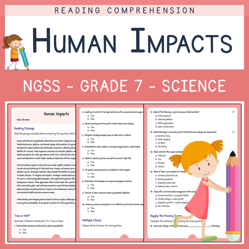 Grade 7 Science worksheet worksheet — Grade 7 Science | Human Impacts Worksheet & Answer Key for NGSS Standards — page 1