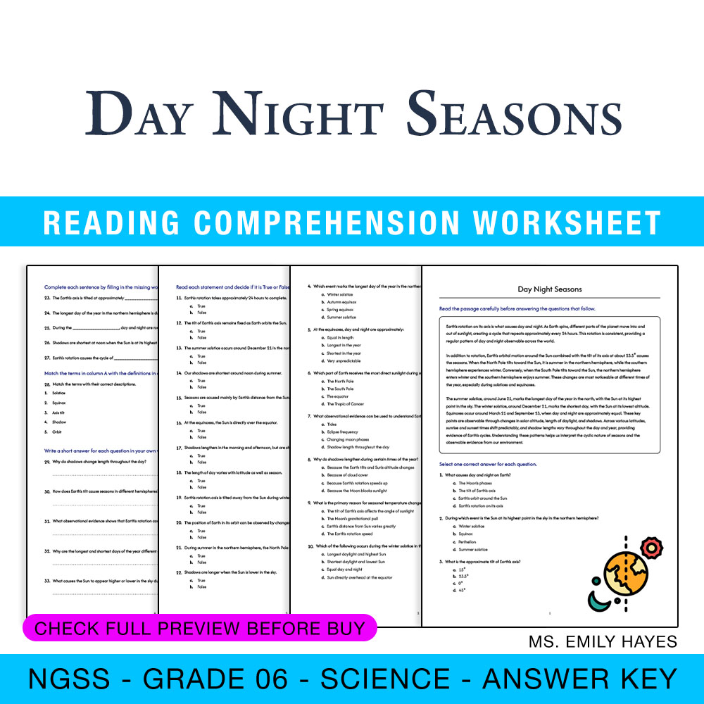 Grade 6 Science worksheet worksheet — 6th Grade Science | Day, Night & Seasons Worksheet (PDF + Answer Key) — page 1