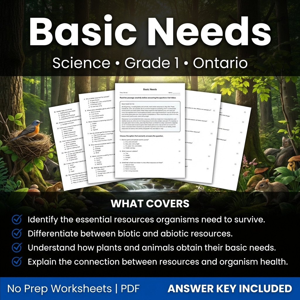 Grade 1 Science Worksheet Basic Needs | Ontario Standards Practice