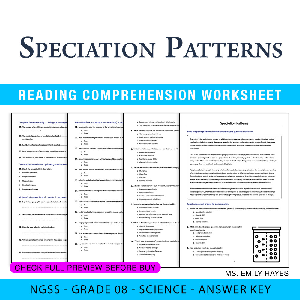 Grade 8 Science worksheet — 8th Grade Science | Speciation Patterns Worksheet (PDF+ Answer Key) — page 1