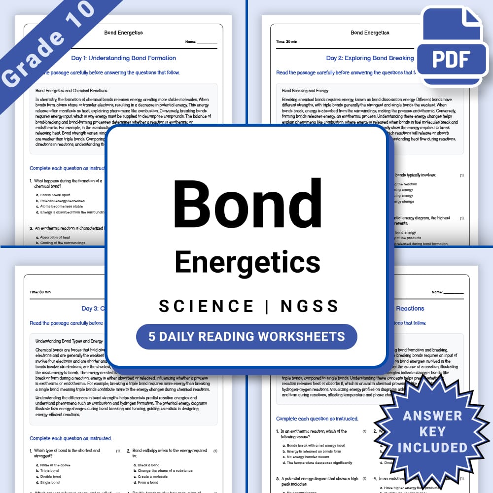 Grade 10 Science daily reading worksheet worksheet — Grade 10 Science – Bond Energies Daily Worksheet (PDF +Answer Key) —…