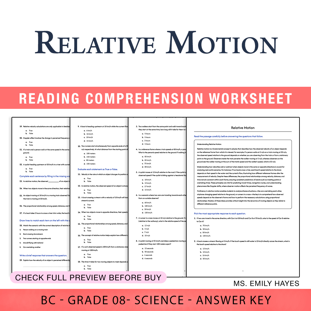 Grade 8 Science worksheet worksheet — 8th Grade Science | Relative Motion Worksheet (PDF+ Answer Key) — page 1