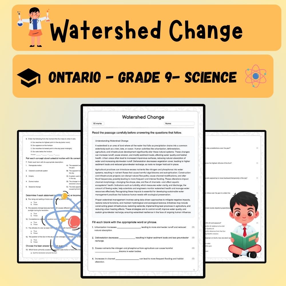 Grade 9 Science worksheet worksheet — Grade 9 Science | Watershed Change Worksheet (PDF) – Ontario Standards — page 1