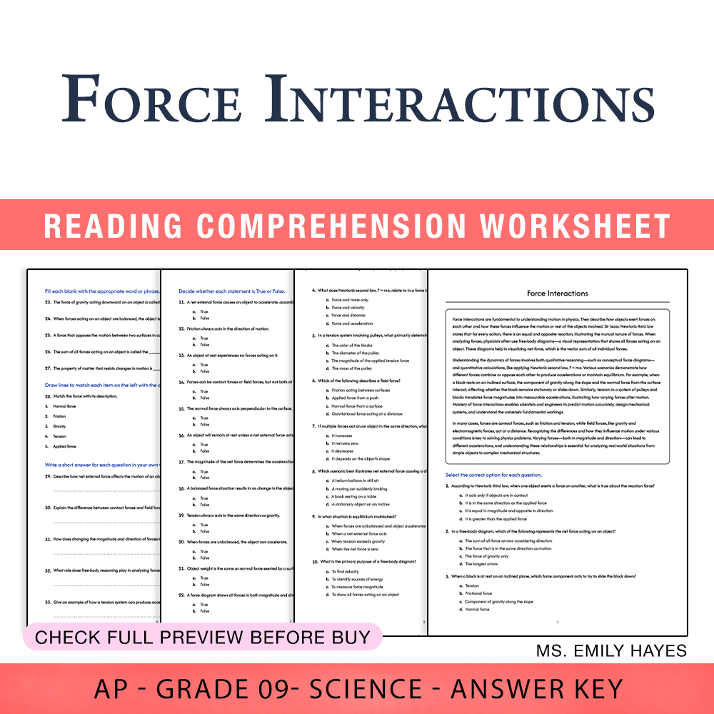 Grade 9 Science worksheet worksheet — 9th Grade Science | Force Interactions Worksheet (PDF+ Answer Key) — page 1