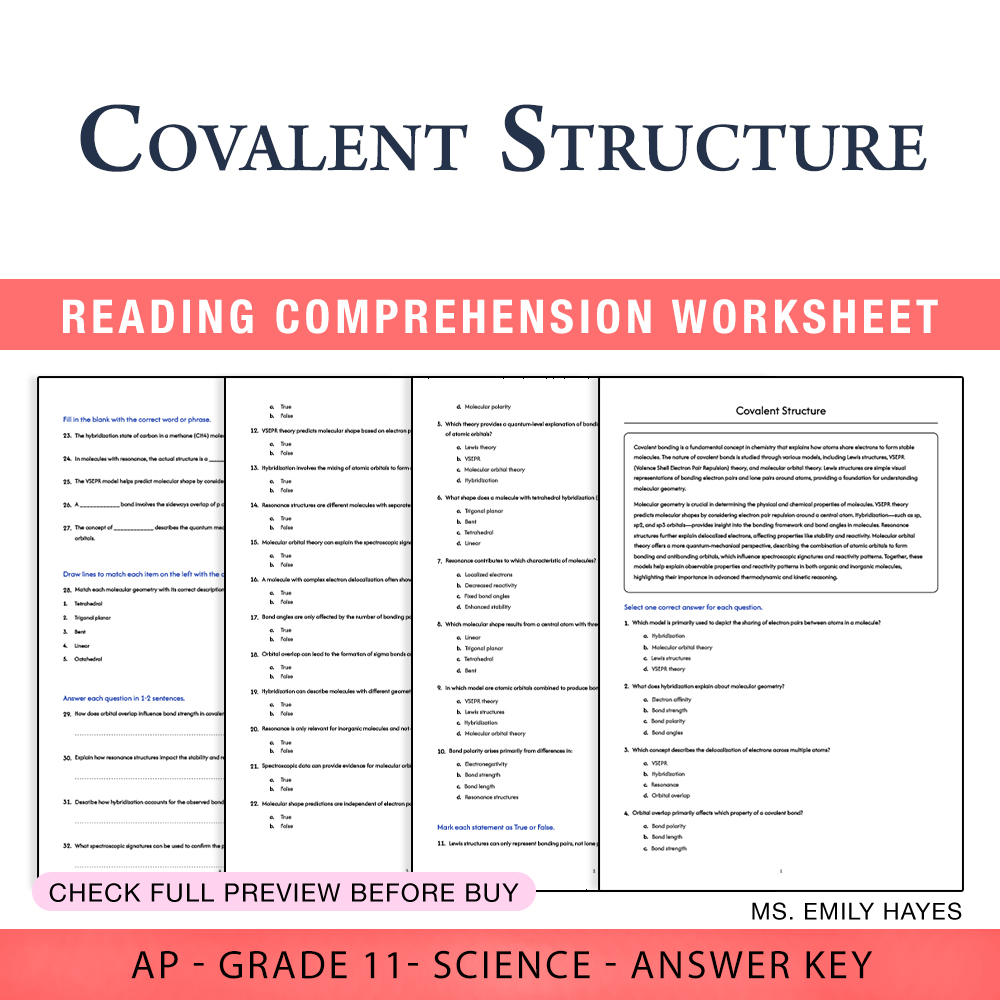Grade 11 Science worksheet worksheet — 11th Grade Science | Covalent Structure Worksheet (PDF+ Answer Key) — page 1