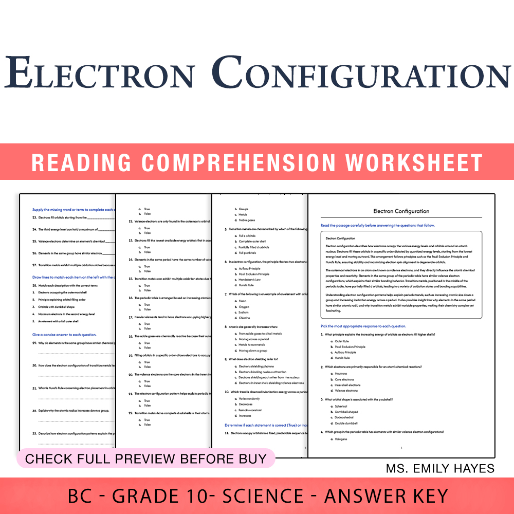 Grade 10 Science worksheet worksheet — 10th Grade Science | Electron Configuration Worksheet (PDF + Answer Key) — page 1