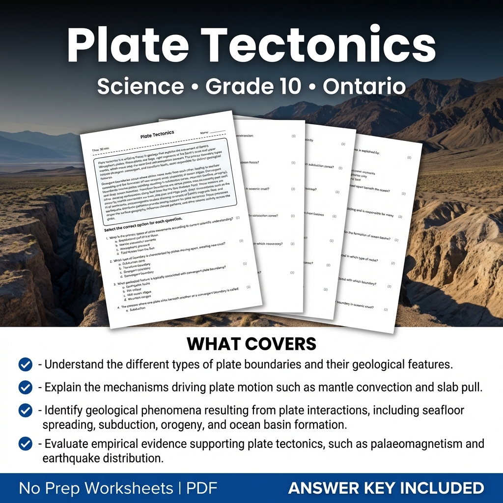 Plate Tectonics Grade 10 Science Worksheet | Ontario Standards