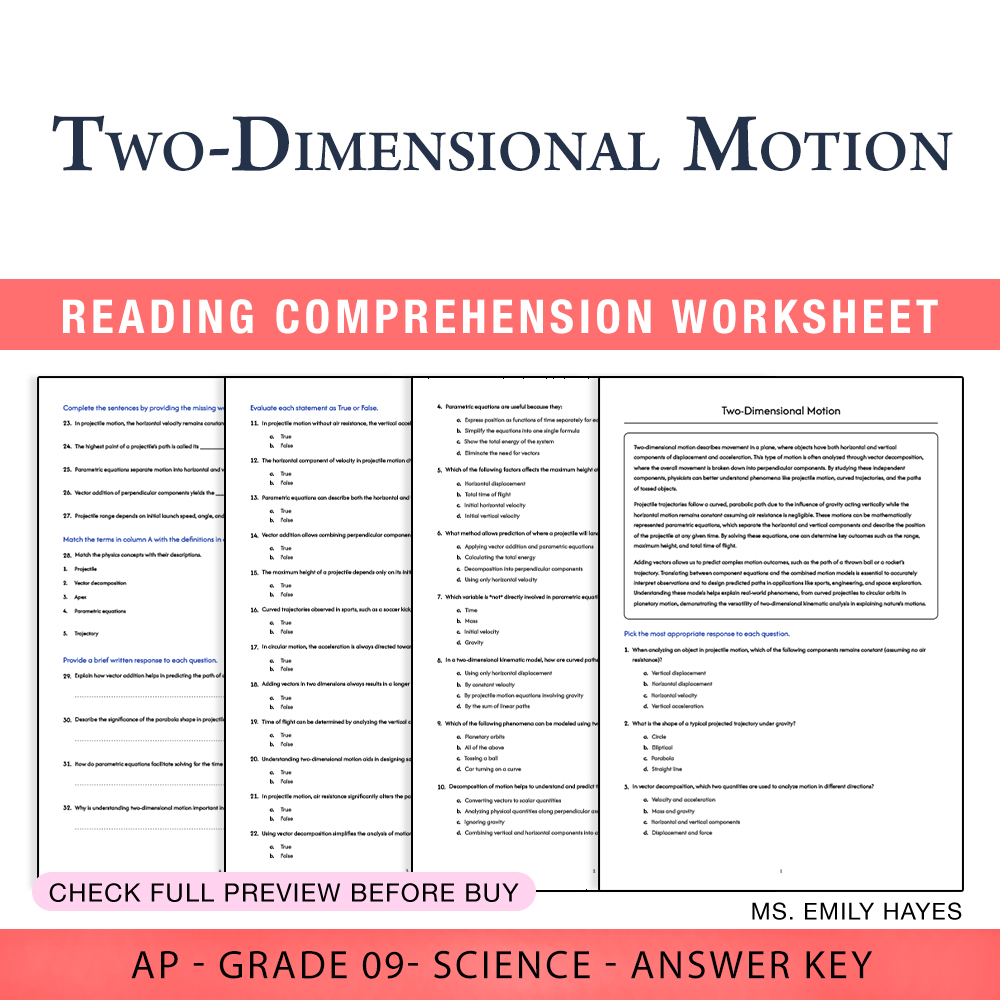 Grade 9 Science worksheet worksheet — Grade 9 Science | Two-Dimensional Motion Worksheet (PDF+ Answer Key) — page 1