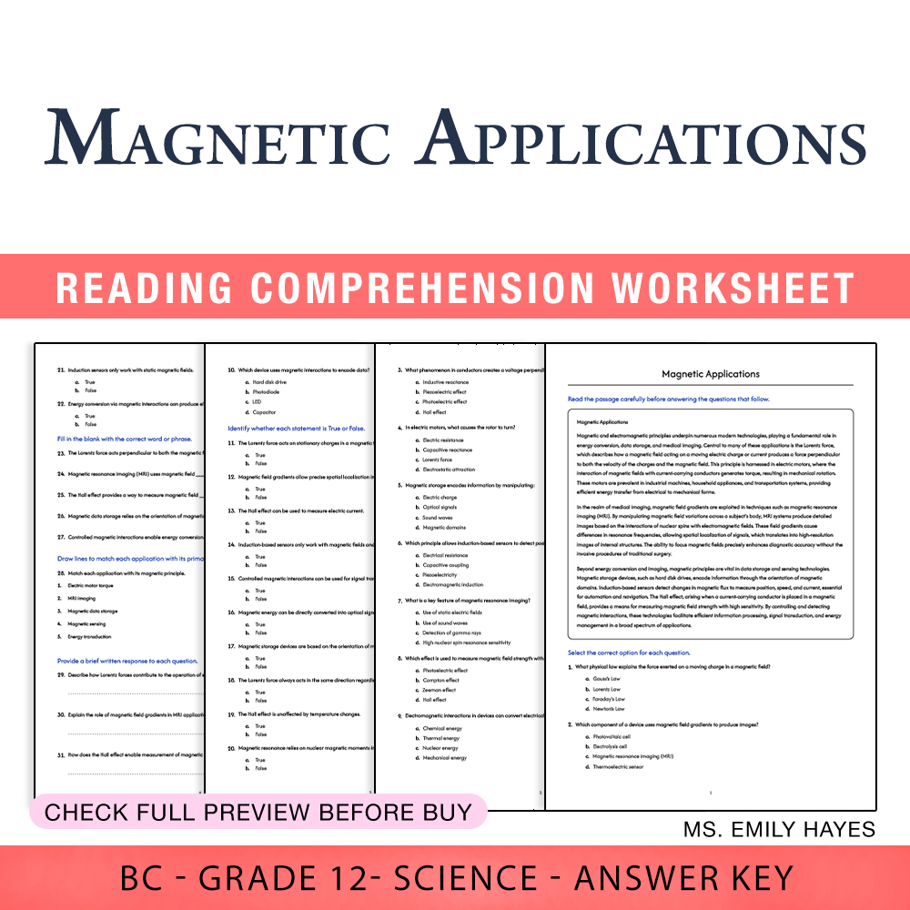 Grade 12 Science worksheet worksheet — Grade 12 Science | Magnetic Applications Worksheet (PDF + Answer Key) — page 1
