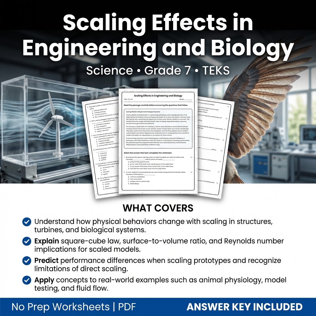 Grade 7 Science Worksheet on Scaling Effects in Engineering and Biology | TEKS