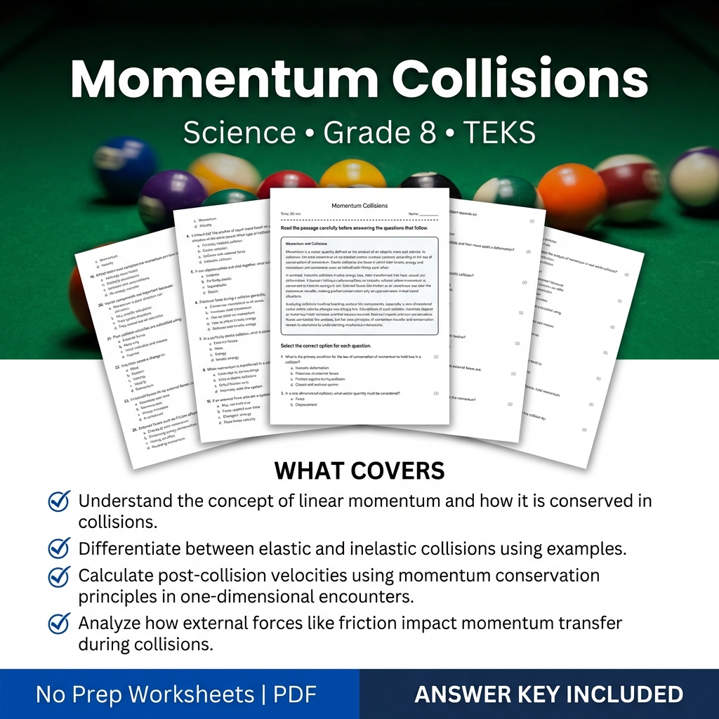 Grade 8 Science worksheet — Momentum Collisions Worksheet for Grade 8 Science | TEKS Aligned