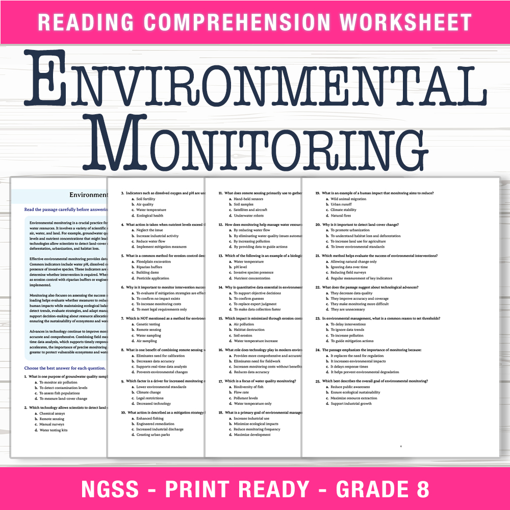 Grade 8 Science worksheet worksheet — Grade 8 Science | Environmental Monitoring Worksheet (PDF + Answer Key) — page 1