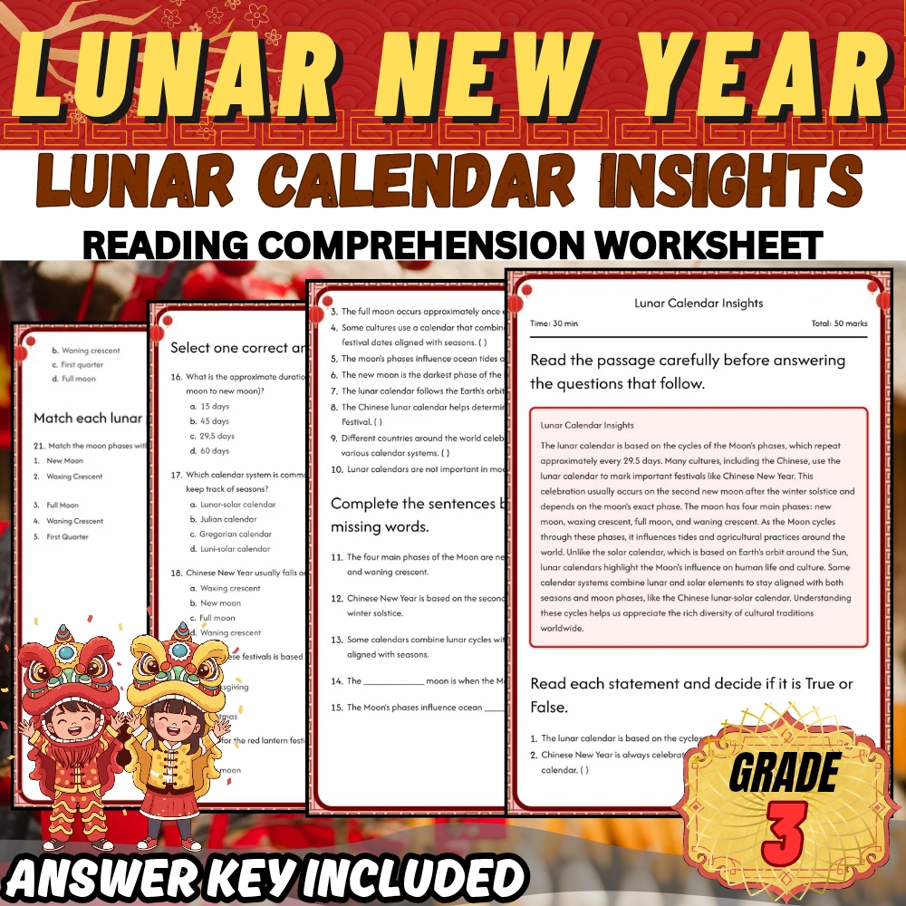 Grade 3 Holiday | Lunar new year for Mastering Lunar Calendar | PDF + Answer Key