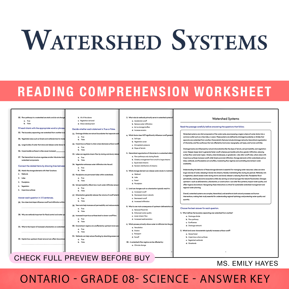 Grade 8 Science worksheet worksheet — 8th Grade Science | Watershed Systems Worksheet (PDF+ Answer Key) — page 1