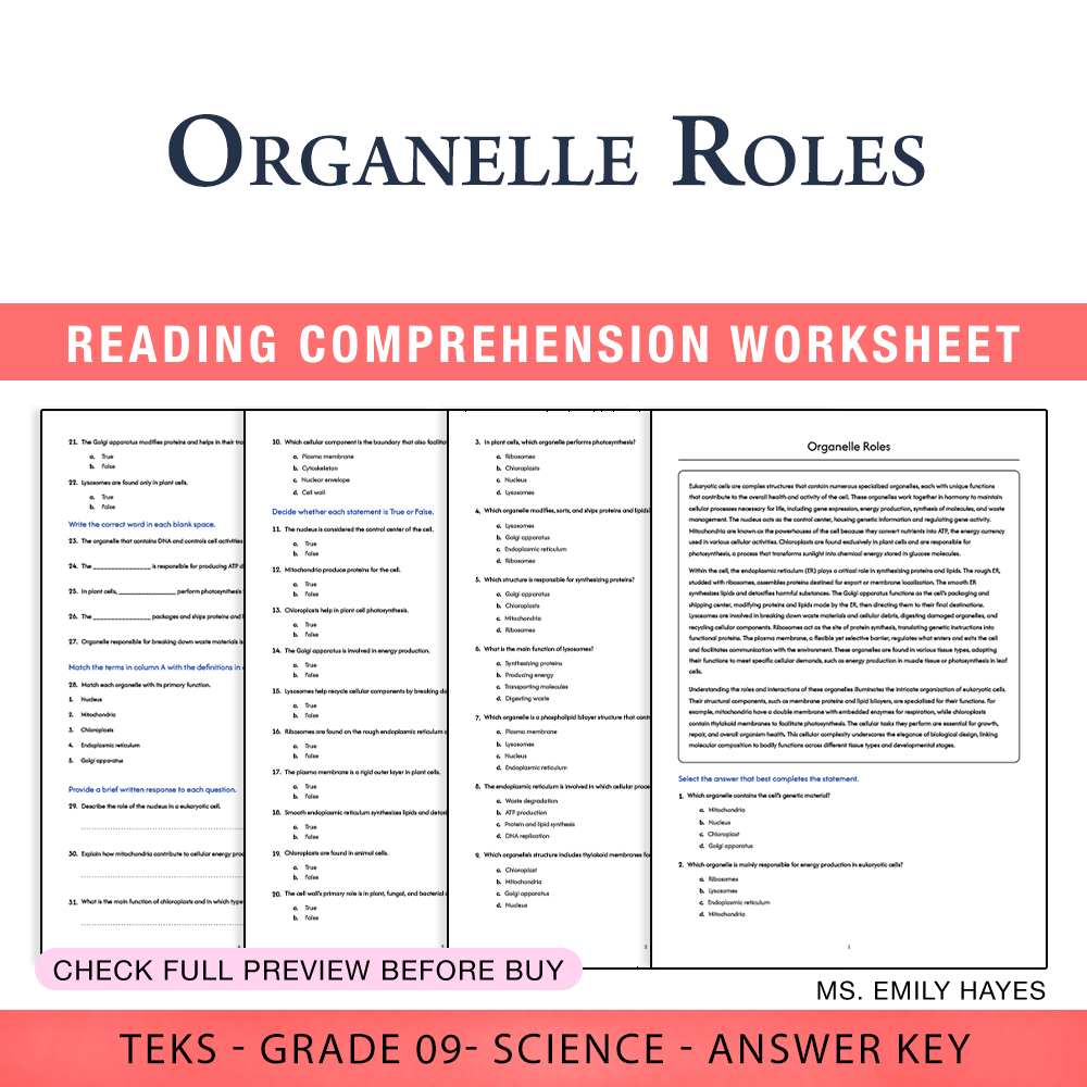 Grade 9 Science worksheet worksheet — Grade 9 Science | Organelle Roles Worksheet (PDF+ Answer Key) — page 1