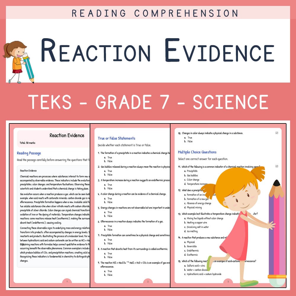 Grade 7 Science worksheet elena worksheet — Grade 7 Science | Reaction Evidence Worksheet | TEKS-Aligned — page 1
