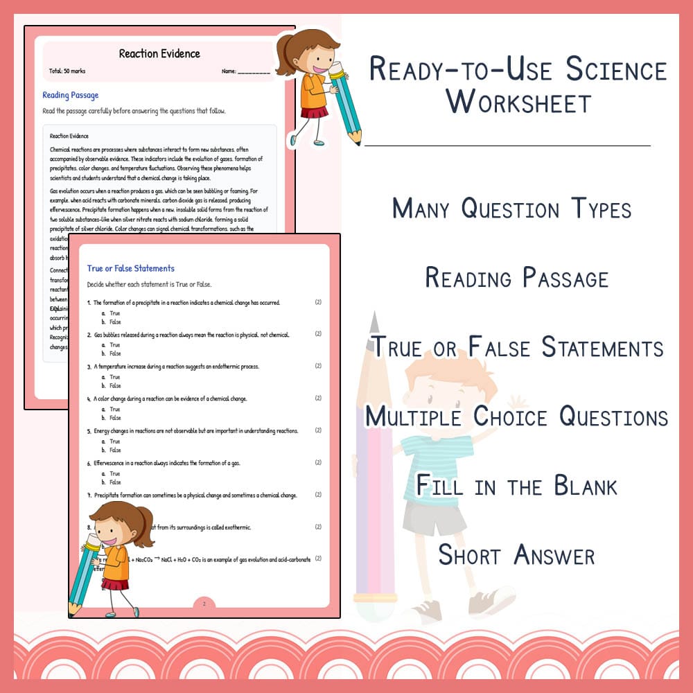 Grade 7 Science worksheet elena worksheet — Grade 7 Science | Reaction Evidence Worksheet | TEKS-Aligned — page 2