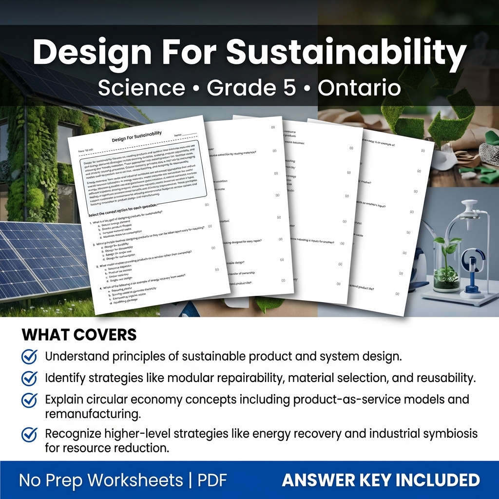 Design For Sustainability Grade 5 Science Worksheet | Ontario Standards