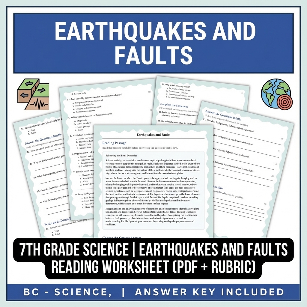 7th Grade Science | Earthquakes and Faults Reading Worksheet (PDF + Rubric)