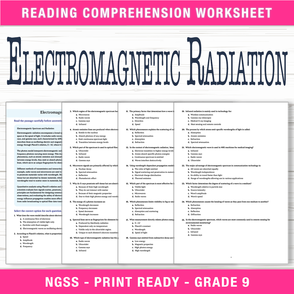 Grade 9 Science worksheet worksheet — Grade 9 Science | Electromagnetic Radiation Worksheet (PDF + Answer Key) — page 1