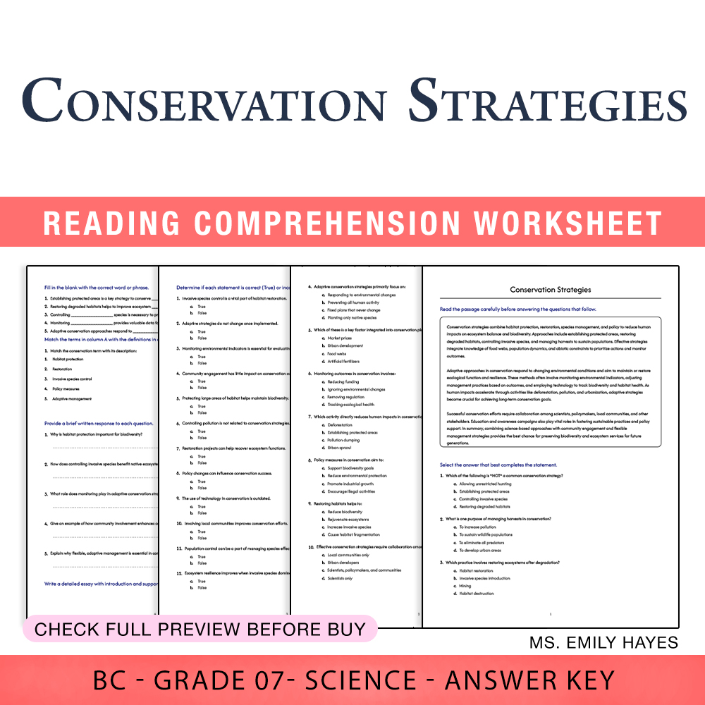 Grade 7 Science worksheet worksheet — 7th Grade Science | Conservation Strategies Worksheet (PDF + Answer Key) — page 1