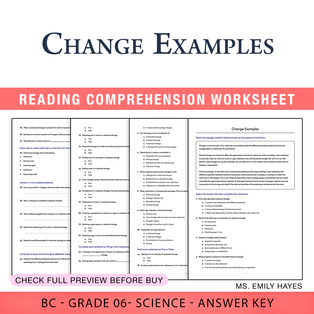 Grade 6 Science worksheet worksheet — 6th Grade Science | Change Examples Worksheet (PDF+ Answer Key) — page 1