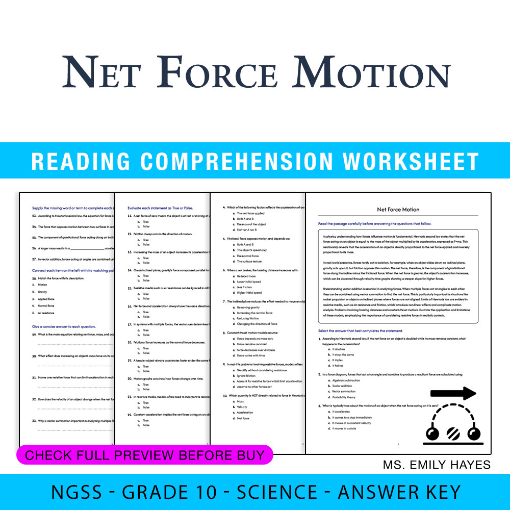 Grade 10 Science worksheet worksheet — 10th Grade Science | Net Force and Motion Worksheet (PDF + Answer Key) — page 1