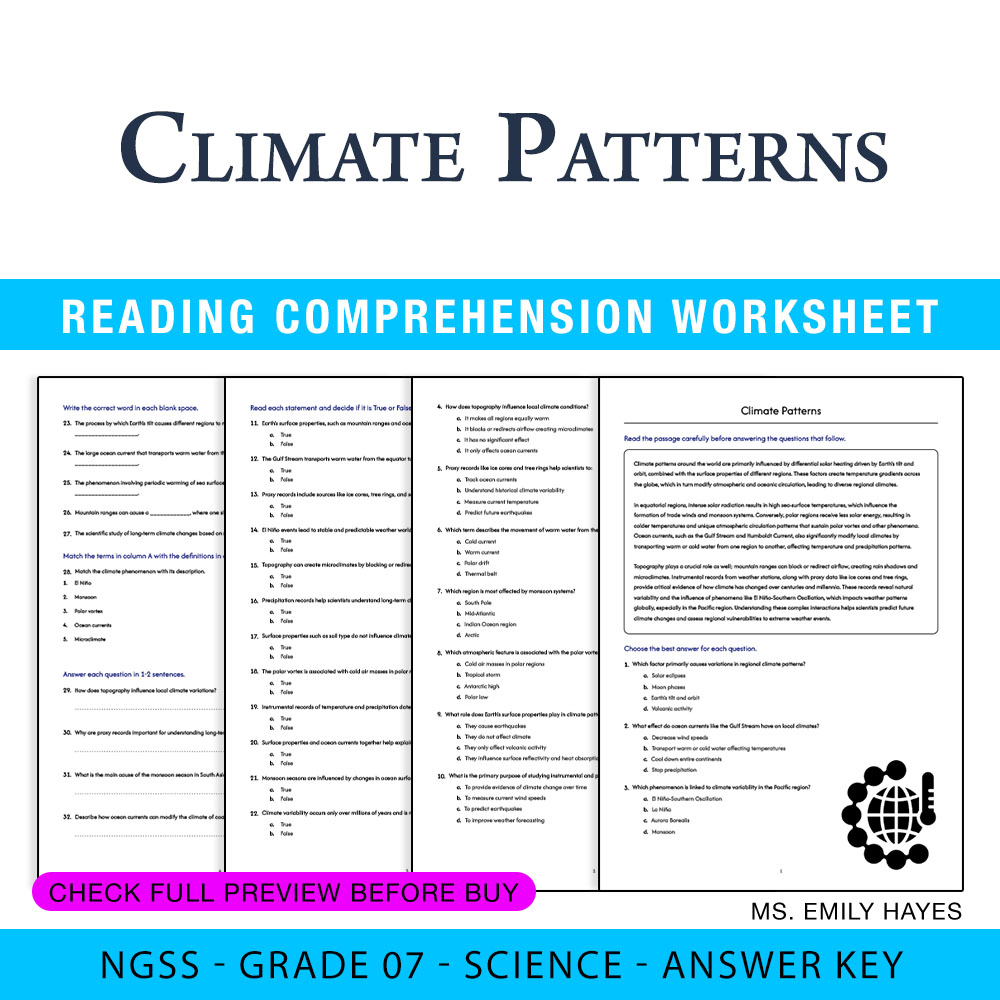 Grade 7 Science worksheet worksheet — 7th Grade Science | Climate Patterns Worksheet (PDF+ Answer Key) — page 1